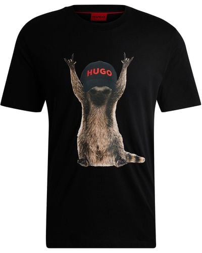 HUGO S Draccoon In Cotton-jersey T-shirt With Seasonal Artwork Black