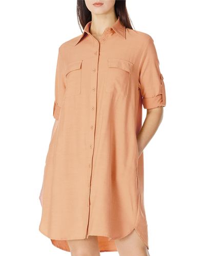 FIND Casual Button V Neck Shirt Dress Long Sleeve Loose Blouse Dresses With Pockets - Orange