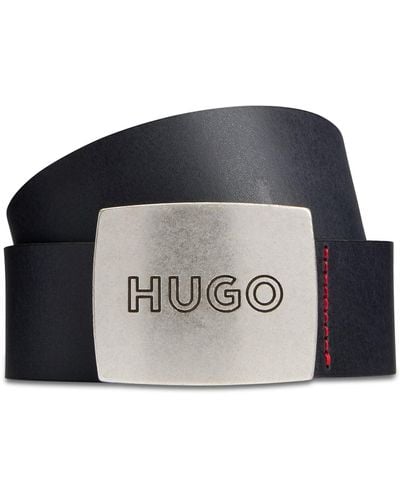 HUGO S Gro Sz35 Leather Belt With Logo Plaque Buckle - Black