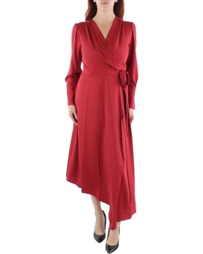 BCBGMAXAZRIA Fit And Flare Long Sleeve Asymmetrical Surplice Wrap Midi Dress With Tie Belt - Red