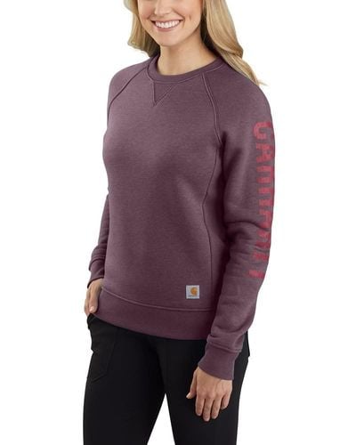 Carhartt Womens Relaxed Fit Midweight Crewneck Block Logo Sleeve Graphic Sweatshirt - Purple