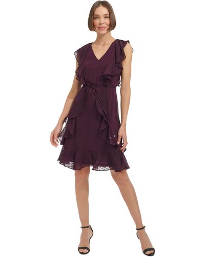 Tommy Hilfiger Flutter Sleeve V-neck Chiffon Fit And Flare Dress Casual - Purple