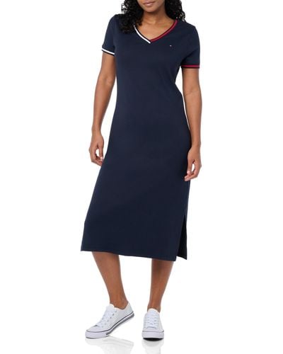 Tommy Hilfiger V-neck Stripe Trim Midi T-shirt Dress Casual - Blue