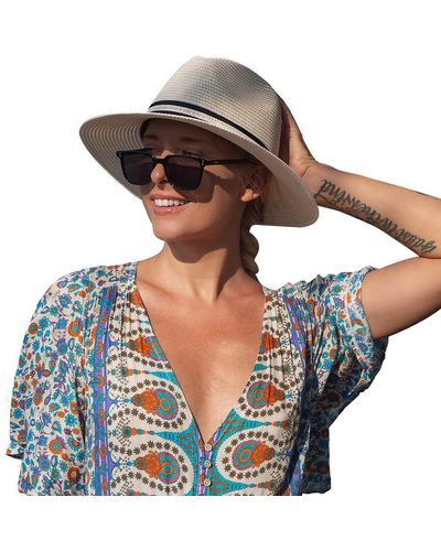 HIKARO Straw Sun Hat Wide Brim Panama Beach Hat Summer Fedora Trilby Hat Packable - Blue