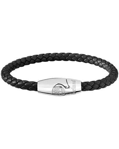 Timberland BACARI TDAGB0001701 Bracelet pour homme en acier inoxydable argenté et cuir noir Longueur : 20 cm