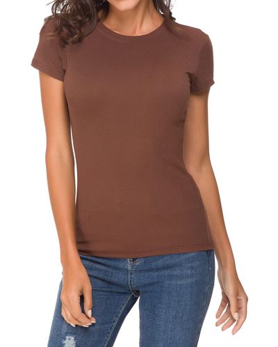 FIND Crewneck Slim Fitted Short Sleeve T-shirt Stretchy Bodycon Basic Tee Tops - Brown