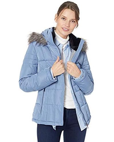 Calvin Klein Quilted Down Jacket With Removable Faux Fur Trimmed Hood - Blue