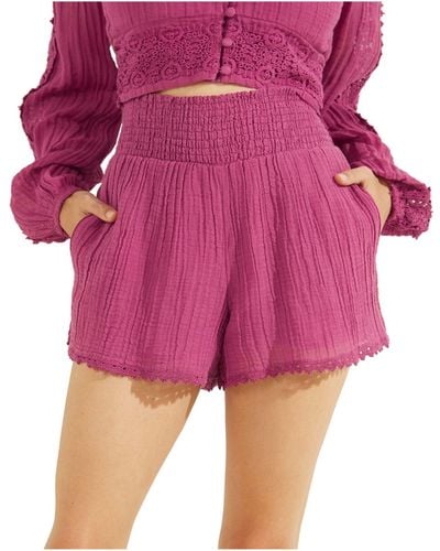 Guess S Purple Textured Pocketed Lined Pull On Lace Trim Smocked High Waist Shorts Uk - Pink