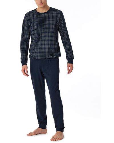 Schiesser Schlafanzug lang mit Bündchen warme Baumwolle-Interlock Pyjamaset - Blau