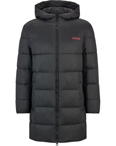 HUGO Hooded Slim-fit Puffer Coat With Chest Logo - Black