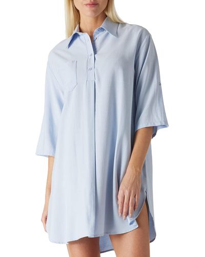 FIND Casual Oversized 3/4 Sleeve Button V Neck Shirt Dress Loose Long Blouse Tops - Blue
