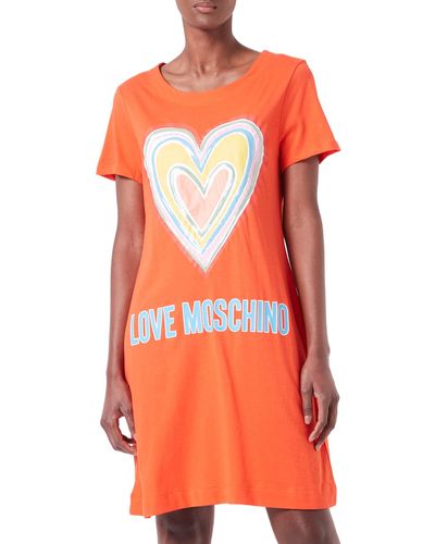 Love Moschino Abito A-Line in Cotone Jersey con Maxi Cuore Multicolore Vestito - Arancione