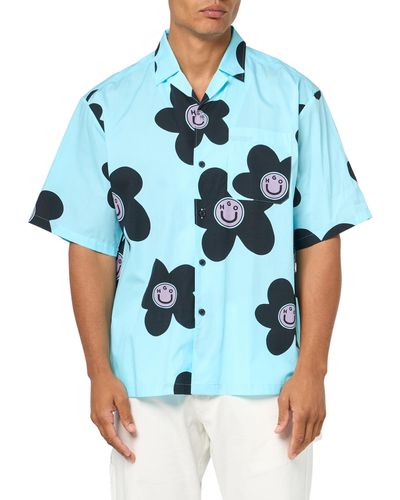 HUGO Printed Short Sleeve Button Down Shirt - Blue