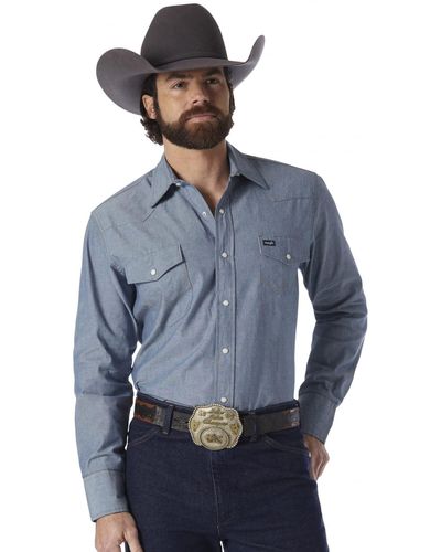 Wrangler Camicia da Lavoro Western con Bottoni Automatici - Blu