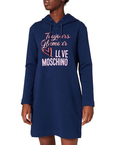 Love Moschino Regular Fit Long Sleeved Dress With Adjustable Drawstring Hood And Stitched Hemline Casual - Blue