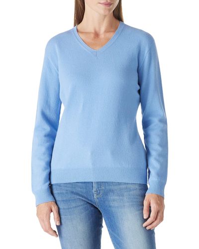 HIKARO Merino Wool Jumper Seamless V-neck Long Sleeve Pullover - Blue