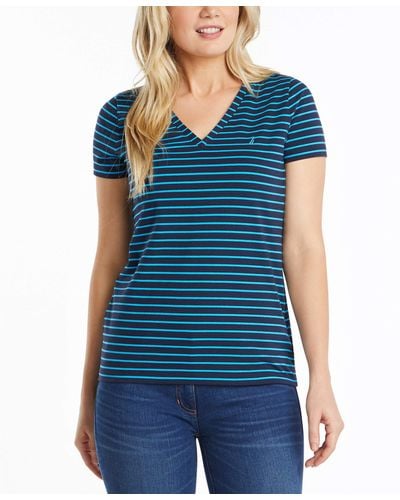 Nautica Easy Comfort V-Neck Striped Supersoft Stretch Cotton T-Shirt - Blau