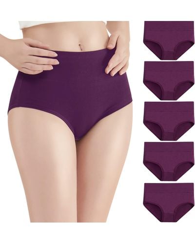 HIKARO Culotte Coton Slips Shorties Taille Haute Lot de 5 Culottes Elasticité Confortable_Violet_L
