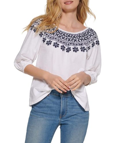 Tommy Hilfiger Off The Shoulder Embroidered Casual Knit Top - Blue