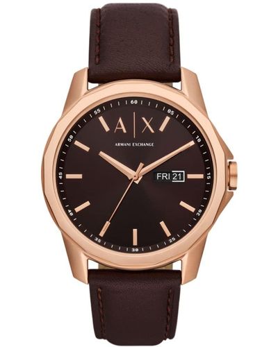 Emporio Armani A|x Armani Exchange Three-hand Day-date Brown Leather Band Watch - Pink