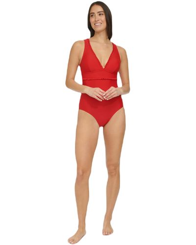 Tommy Hilfiger Micro Ruffle Over The Shoulder Everyday Basic One Piece Swimsuit - Red