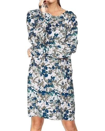 Tom Tailor Kleid farbenfrohes Druck-Kleid Sommer-Kleid Midi-Kleid mit Bindebanddetail Weiß - Blau
