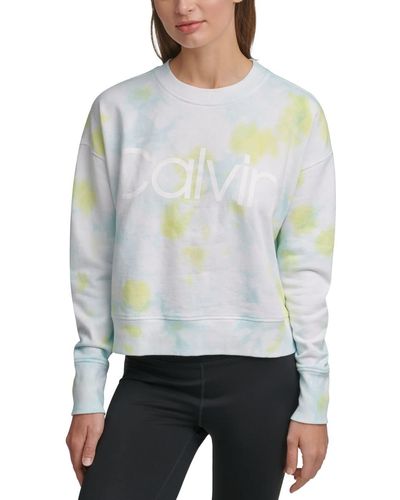 Calvin Klein Performance Tie Dye Calvin Logo Long Sleeve Crop Boxy Hoodie Hooded Sweatshirt - Grey
