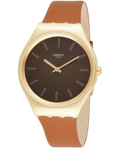 Swatch Analog Schweizer Quarz Uhr mit Echtes Leder Armband SYXG104 - Braun
