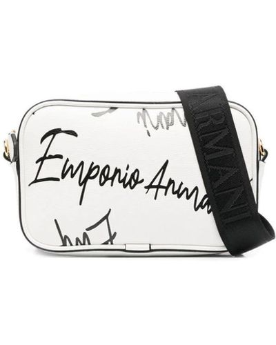 Emporio Armani Weiße Mini-Umhängetasche mit Logo Lettering All Over. Schulterriemen aus schwarzem Band