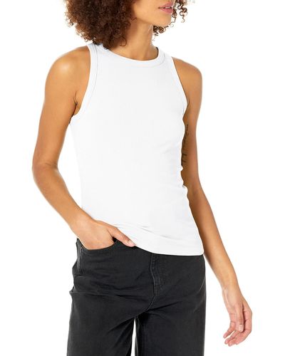 The Drop Valerie Camiseta sin gas en Punto de Canalé de Cuello Cerrado con Espalda de Nadadora para Mujer - Blanco