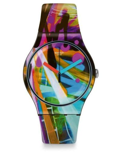Swatch Erwachsene Analog Quarz Uhr mit Silikon Armband SUOB163 - Blau