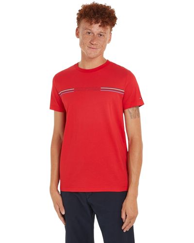 Tommy Hilfiger Camiseta de ga Corta para Hombre Stripe Chest Tee Cuello Redondo - Rojo
