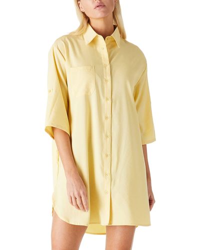 FIND Casual Half Sleeve Button Down Mini Shirt Dress Plus Size V Neck Tunic Blouses Tops With Pockets - Yellow