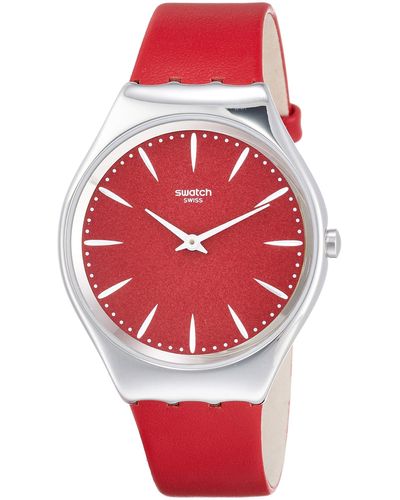 Swatch Erwachsene Analog Quarz Uhr mit Leder Armband SYXS119 - Rot