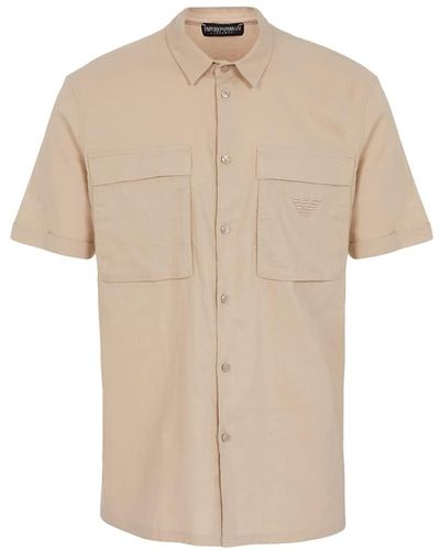Emporio Armani Superfine Linen Blend Short Sleeve Dress Shirt - Natural