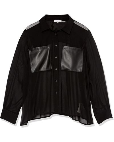 Calvin Klein Plus Size Dressy Pu Pockets Long Sleeve Sheer Blouse - Black