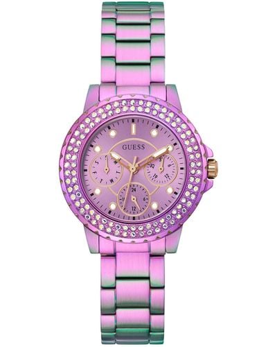 Guess Ladies Sport Crystal Multifunction 36mm Watch – Purple Dial With Iridescent Purple Stainless Steel Case &