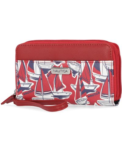 Nautica On The Double Zip Around Vegan Leather s RFID Clutch Wallet With Wristlet Strap - Rosso