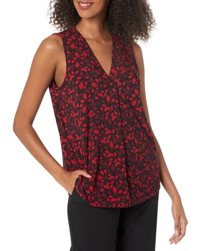 Anne Klein Printed Pleat Front Knit Shell - Red
