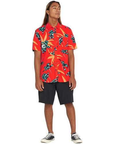 Volcom Regular Marble Floral Short Sleeve Button Down Hawaiian Shirt - Red