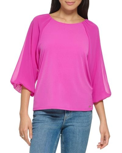 Calvin Klein Loose Fitted Matte Jersey Mixed Media Lantern Sleeve Blouse - Red
