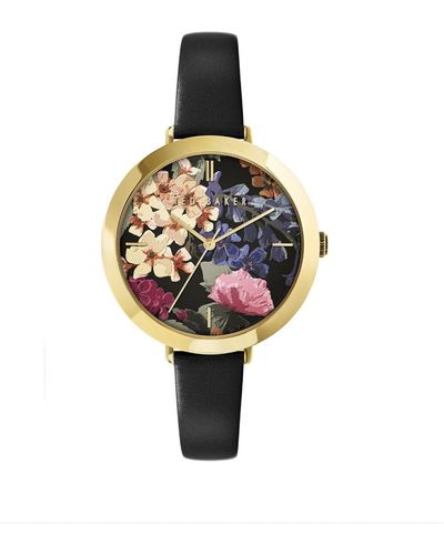 Ted Baker Ammyb: Floral Dial Leather Strap Watch - Metallic