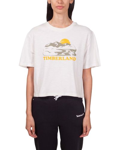 Timberland T-shirt Crop Relaxed Van Gevlamd Katoen - Wit