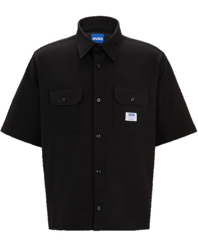 HUGO Front Pocket Cotton Twill Short Sleeve Button Down Shirt - Black
