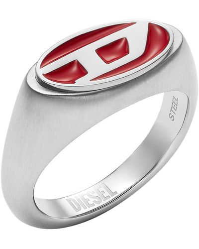 DIESEL Men's Signet Ring Stainless Steel Enamel Red - Metallic