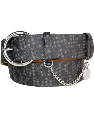 Michael Kors Black Belt with Round Silver Buckle MK Logo Chain MK Tag Size Medium - Schwarz