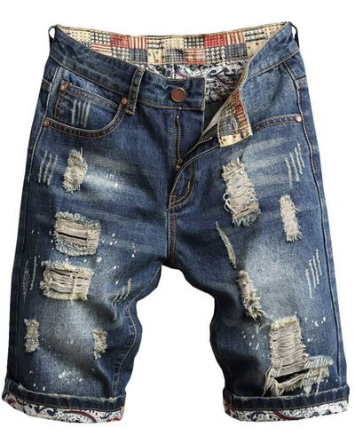 Superdry BUZHIDAO Kurze Denim Jeans Hose Casual Skinny Fit Regular Jeansshorts Sommer mit Mustermuster Mode Destroyed Loch - Blau
