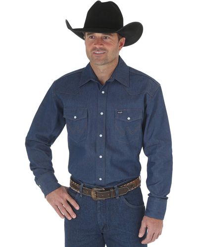 Wrangler Mens Cowboy Cut Western Long Sleeve Snap Work Firm Finish Button Down Shirts - Blue
