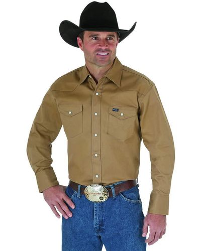 Wrangler Mens Cowboy Cut Western Long Sleeve Snap Firm Finish Work Utility Button Down Shirts - Green