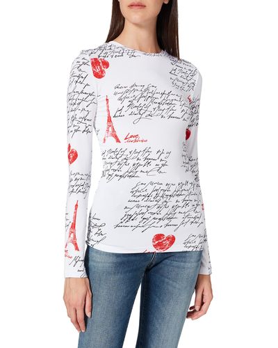 Love Moschino Maglietta a iche Lunghe in Morbido Jersey Elasticizzato con Stampa calligrafica all-Over. T-Shirt - Multicolore